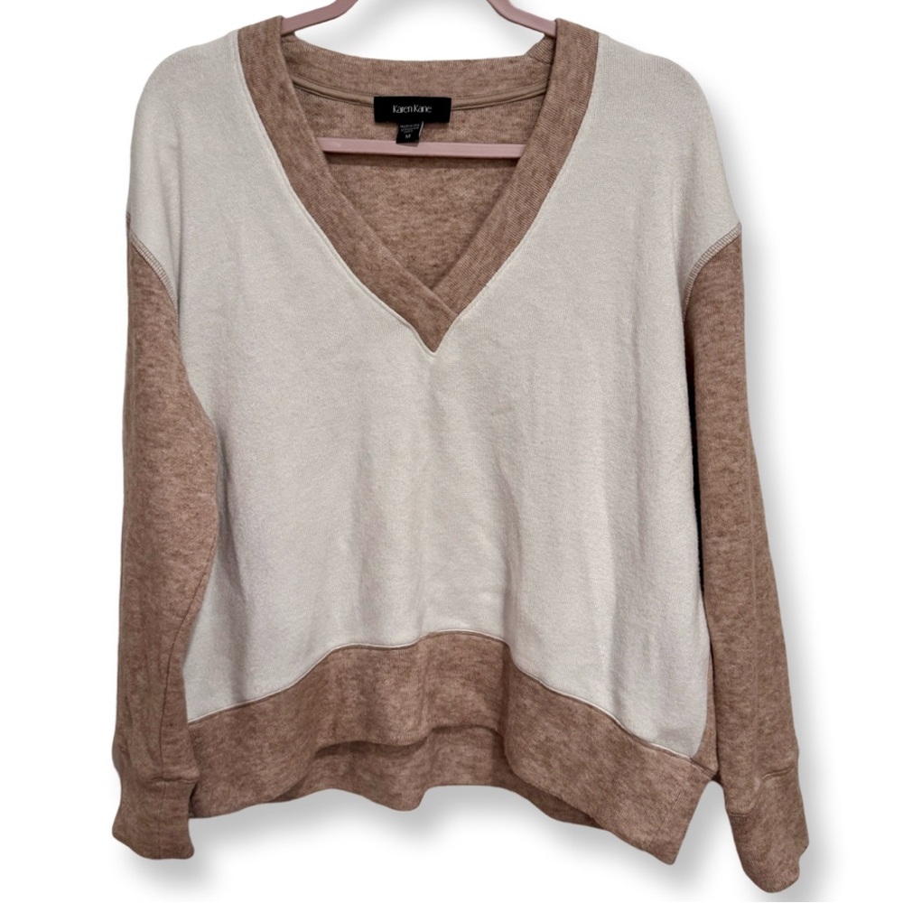 KAREN KANE V NECK SWEATER COLORBLOCK NEUTRALS LONG SLEEVE WARM COZY BUTTERY SOFT - Picture 3 of 7